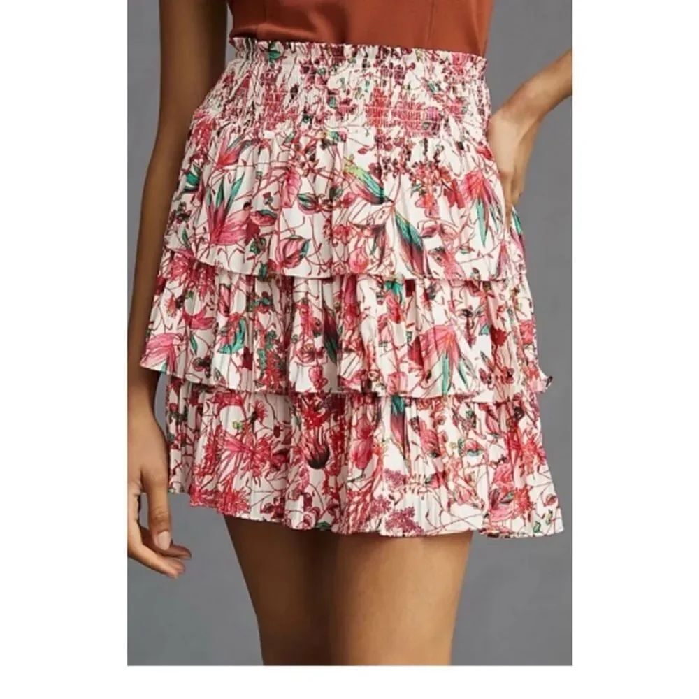Anthropologie Pink & Green Floral Tired Mini Skirt  Size Small